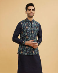 Twamev Men Navy Blue Silk Village Motif Resham Embroidered Jacket Set