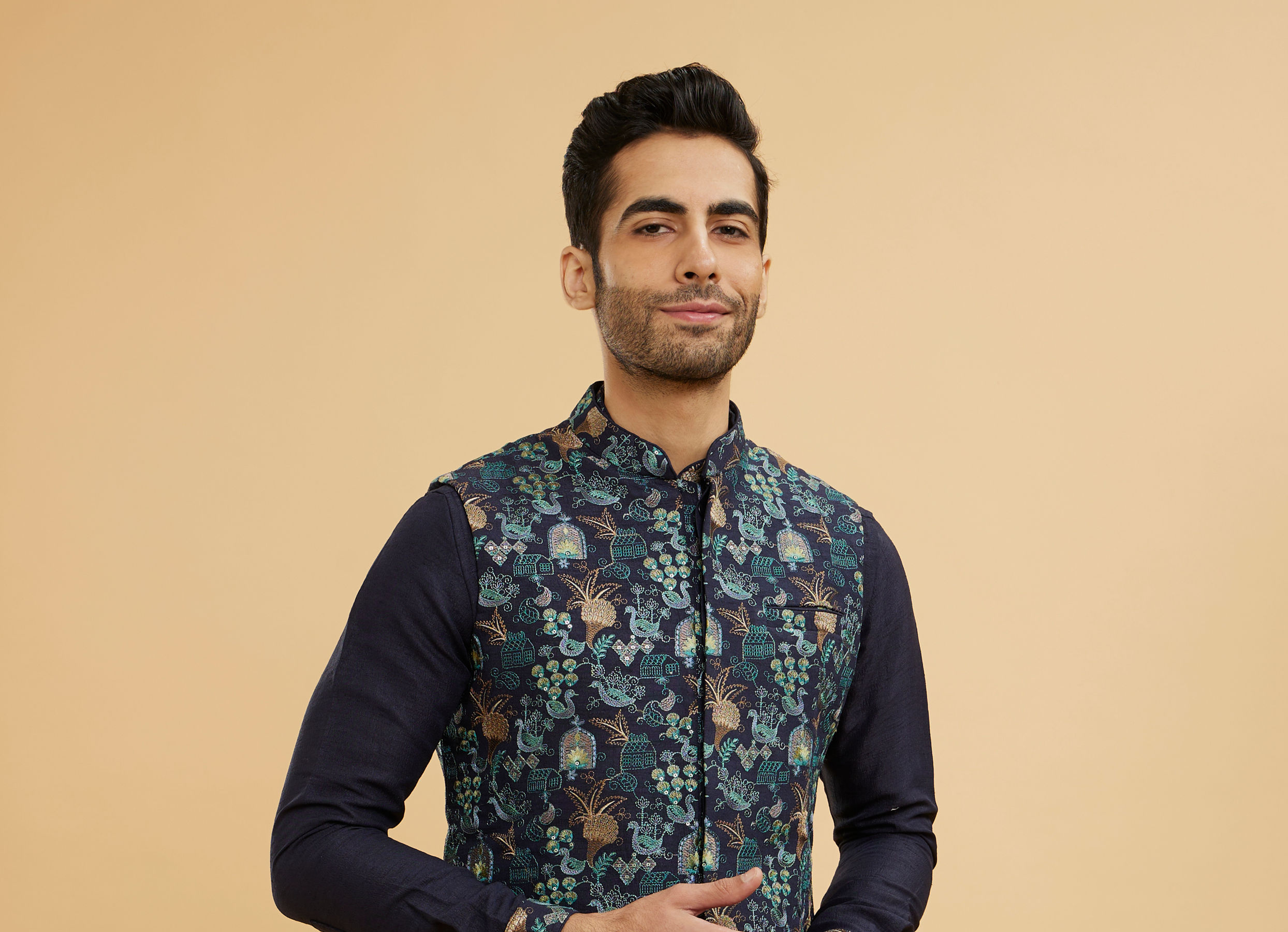 Twamev Men Navy Blue Silk Village Motif Resham Embroidered Jacket Set