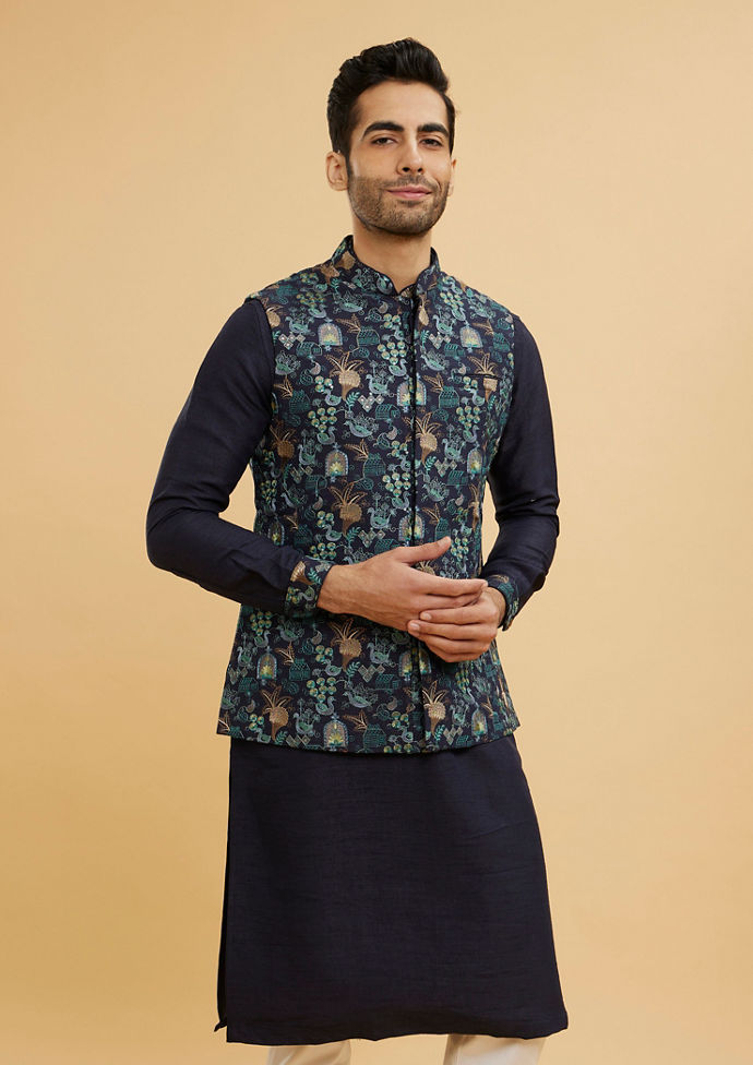 Twamev Men Navy Blue Kurta Set with Village Inspired Motifs