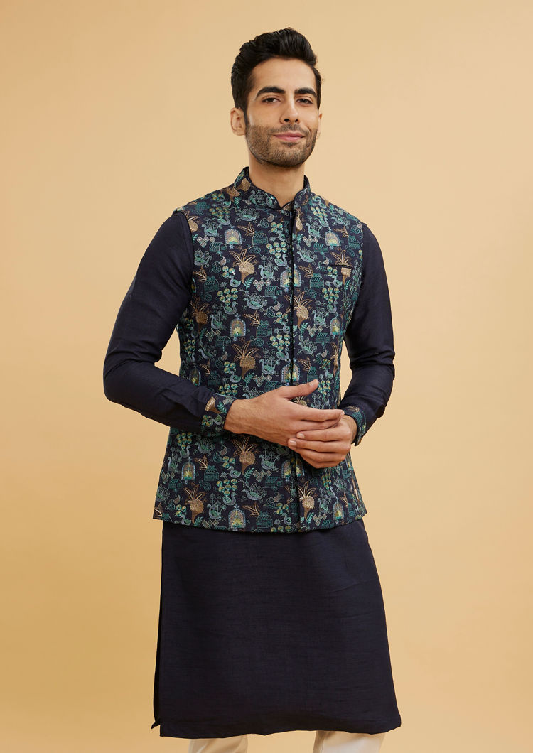 Twamev Men Navy Blue Kurta Set with Village Inspired Motifs