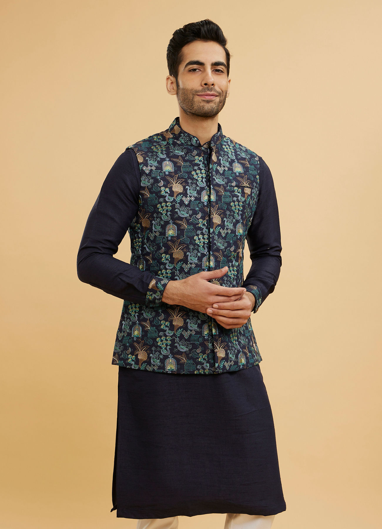 Twamev Men Navy Blue Silk Village Motif Resham Embroidered Jacket Set