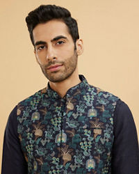 Twamev Men Navy Blue Silk Village Motif Resham Embroidered Jacket Set