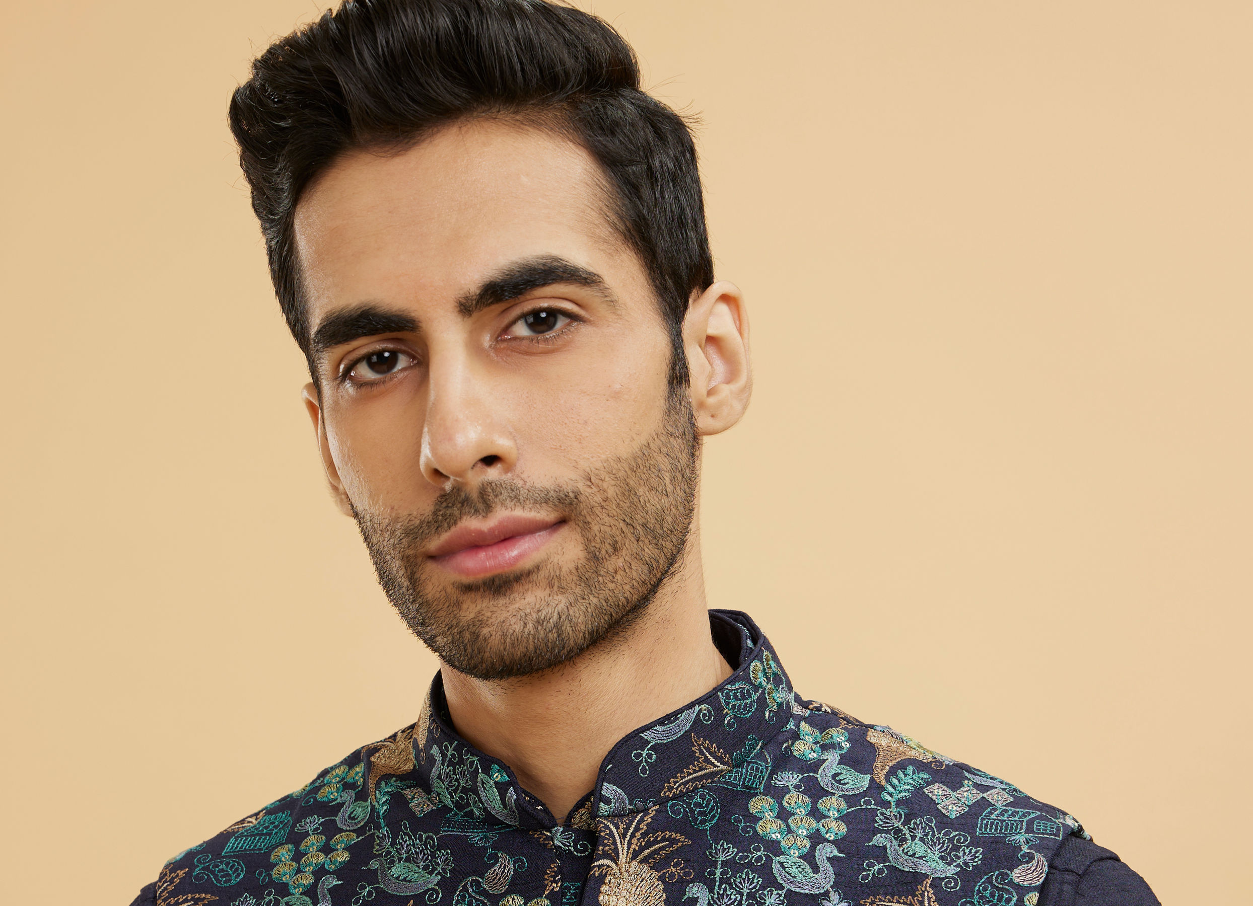 Twamev Men Navy Blue Silk Village Motif Resham Embroidered Jacket Set
