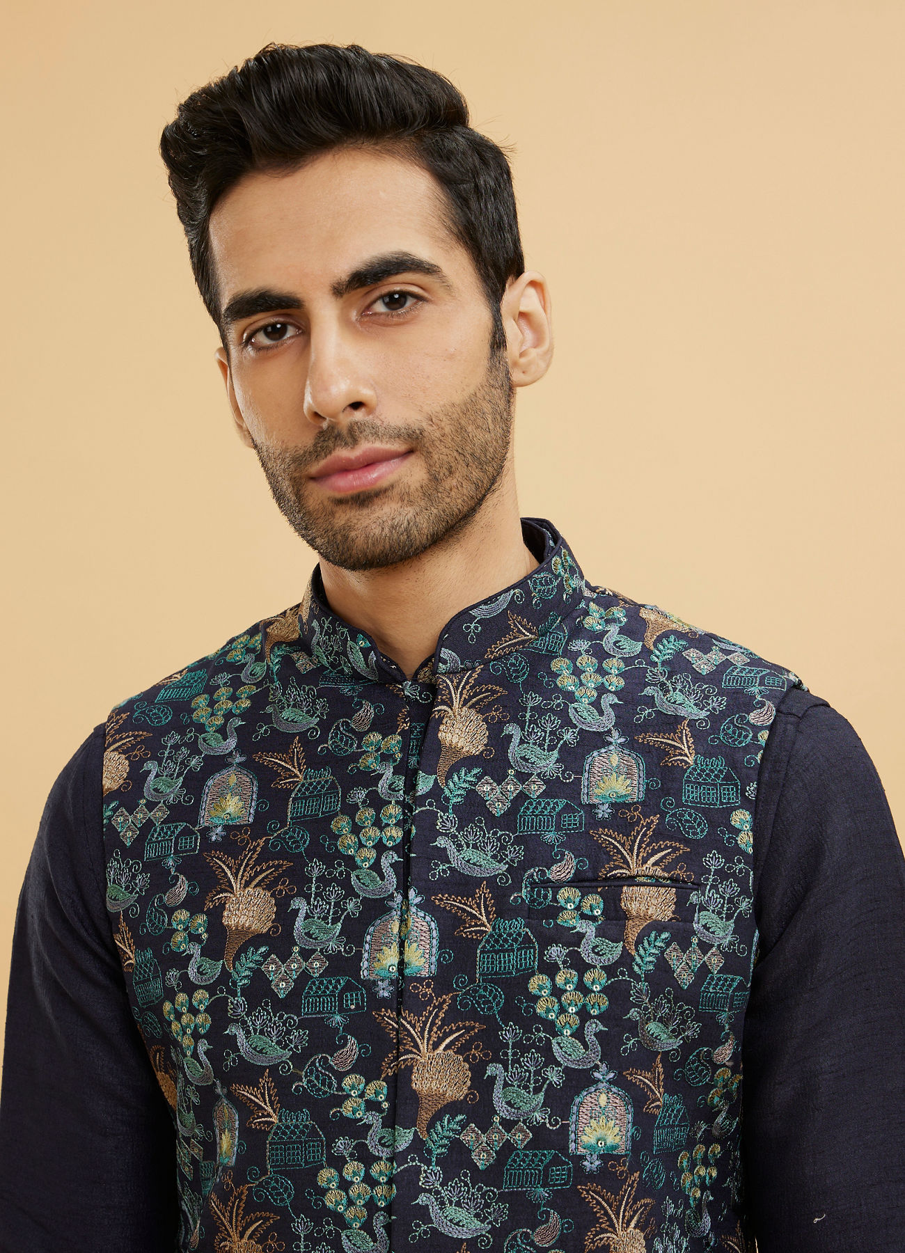Twamev Men Navy Blue Silk Village Motif Resham Embroidered Jacket Set