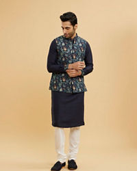 Twamev Men Navy Blue Silk Village Motif Resham Embroidered Jacket Set