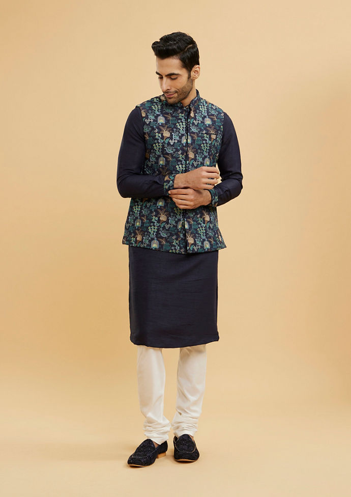 Twamev Men Navy Blue Kurta Set with Village Inspired Motifs