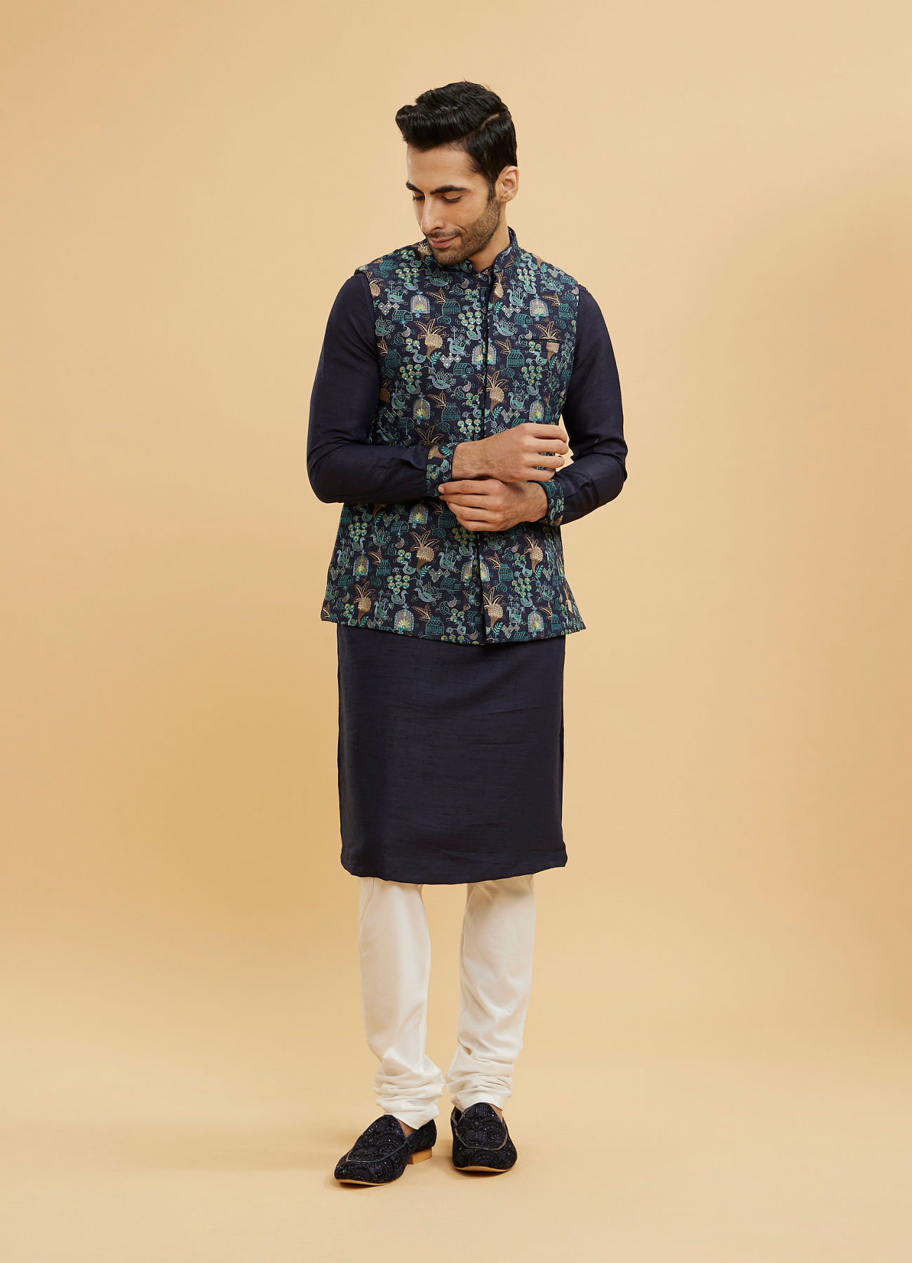 Twamev Men Navy Blue Silk Village Motif Resham Embroidered Jacket Set