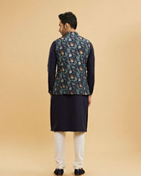 Twamev Men Navy Blue Silk Village Motif Resham Embroidered Jacket Set