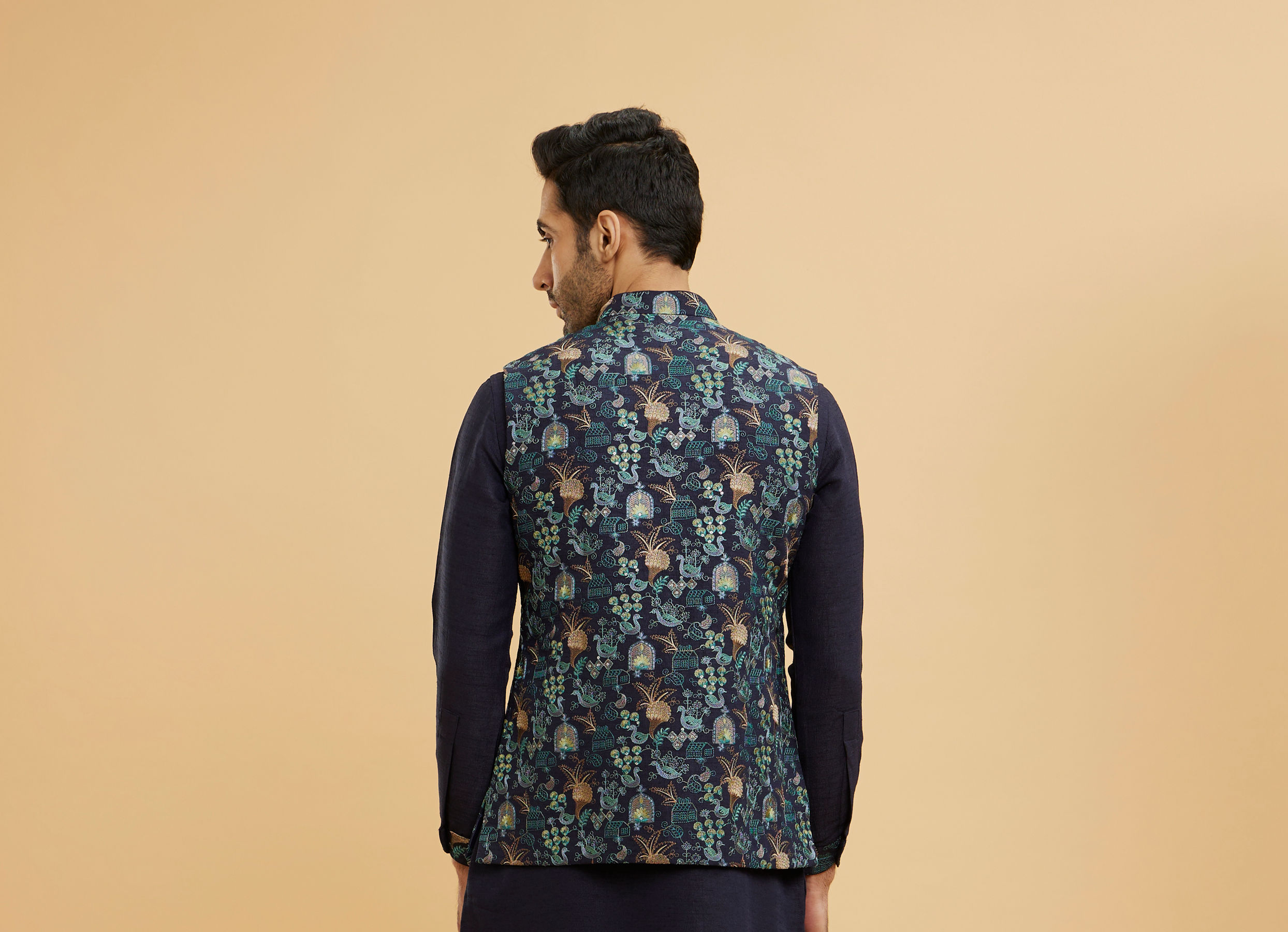Twamev Men Navy Blue Silk Village Motif Resham Embroidered Jacket Set