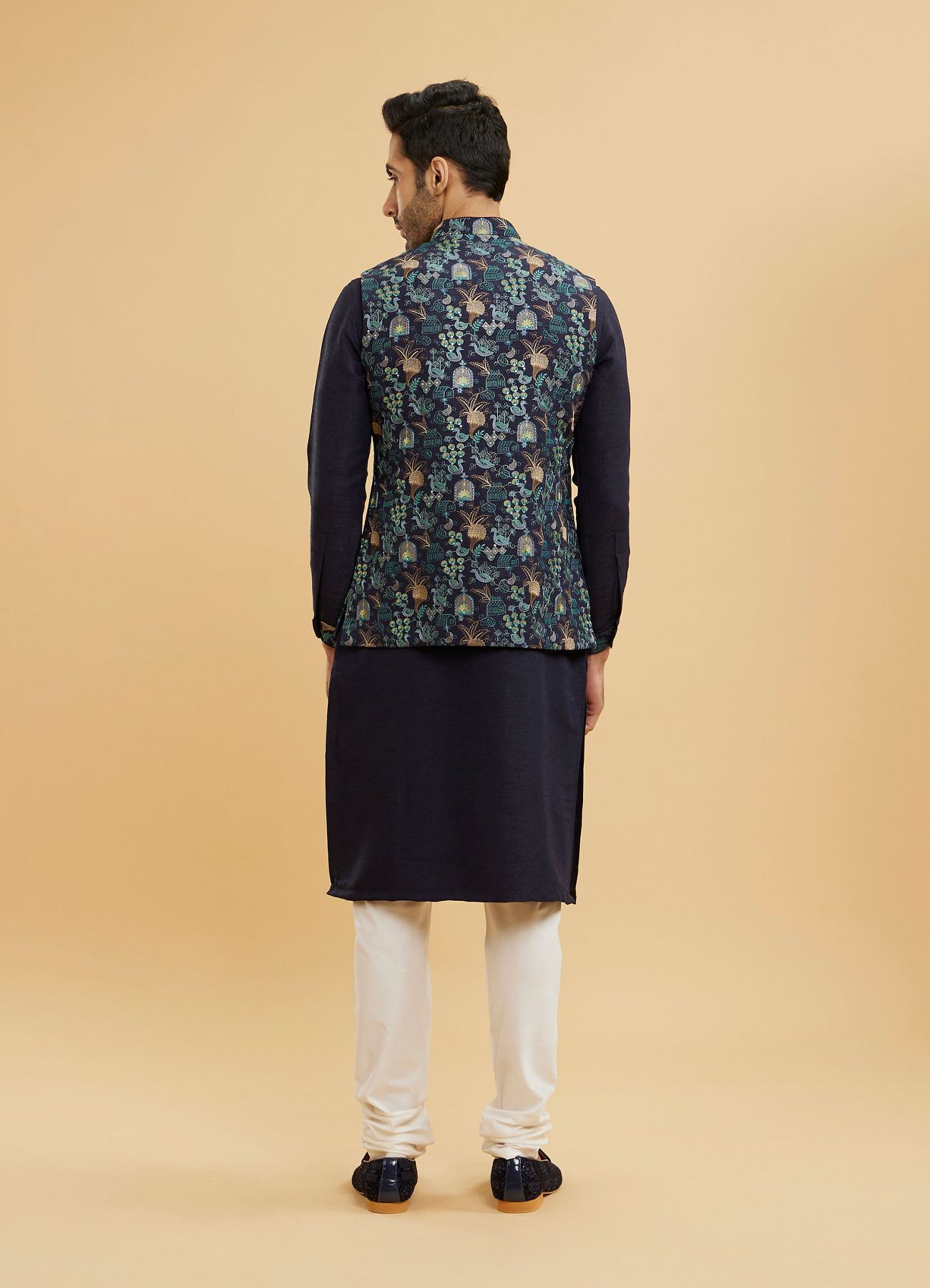 Twamev Men Navy Blue Silk Village Motif Resham Embroidered Jacket Set