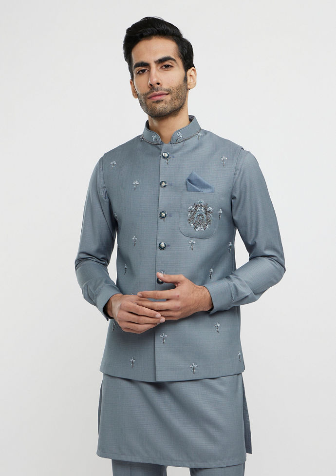 Twamev Men Dolphin Grey Buta Embroidered Jacket Set