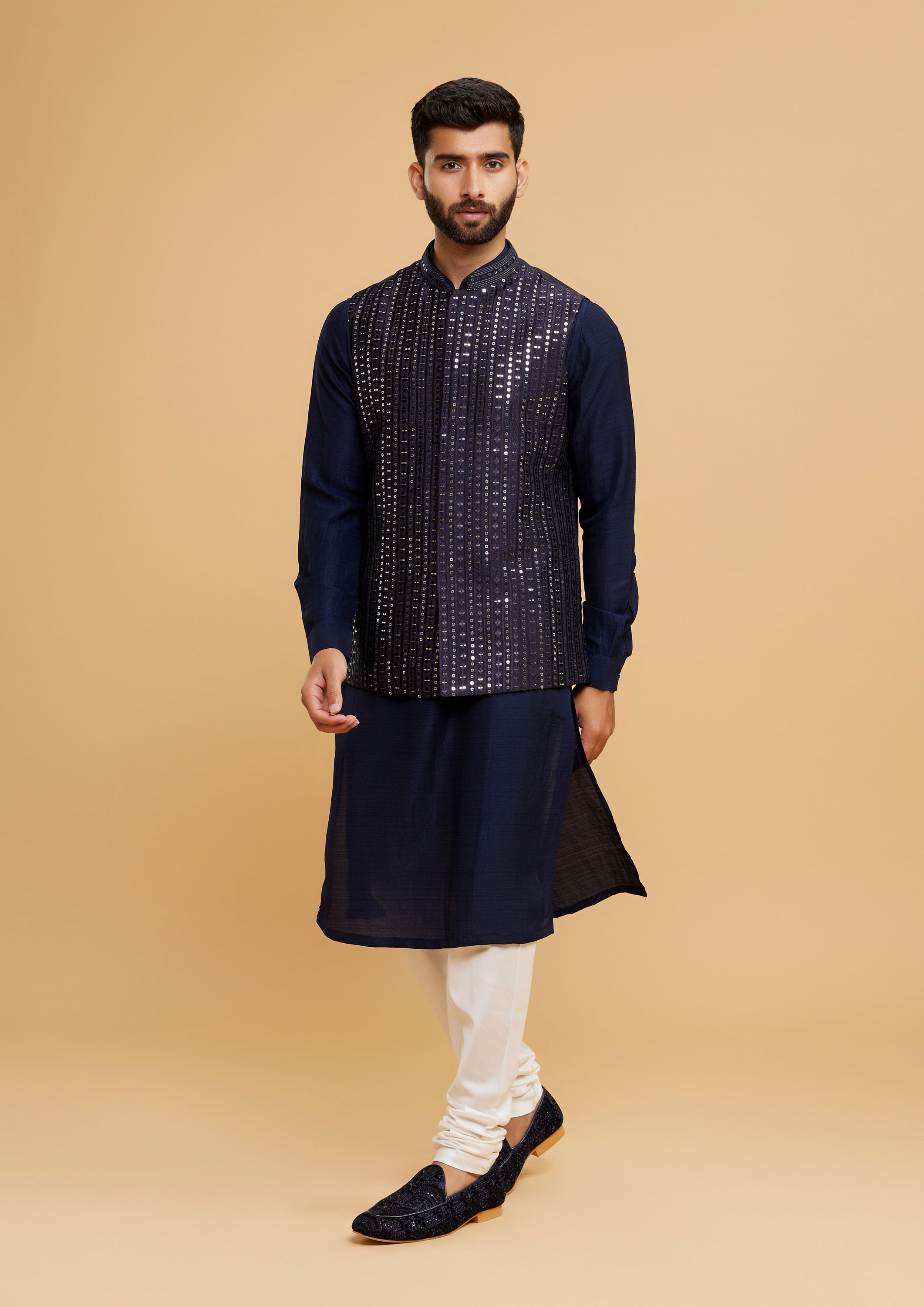 Twamev Men Elegant Dark Blue Kurta Jacket Set
