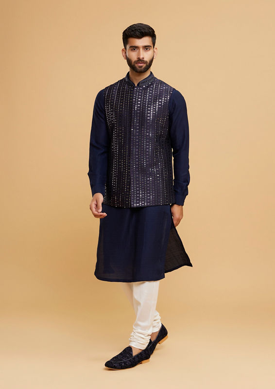 Twamev Men Elegant Dark Blue Kurta Jacket Set