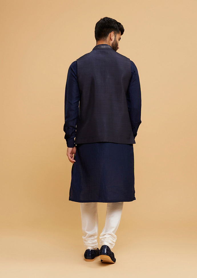 Twamev Men Elegant Dark Blue Kurta Jacket Set