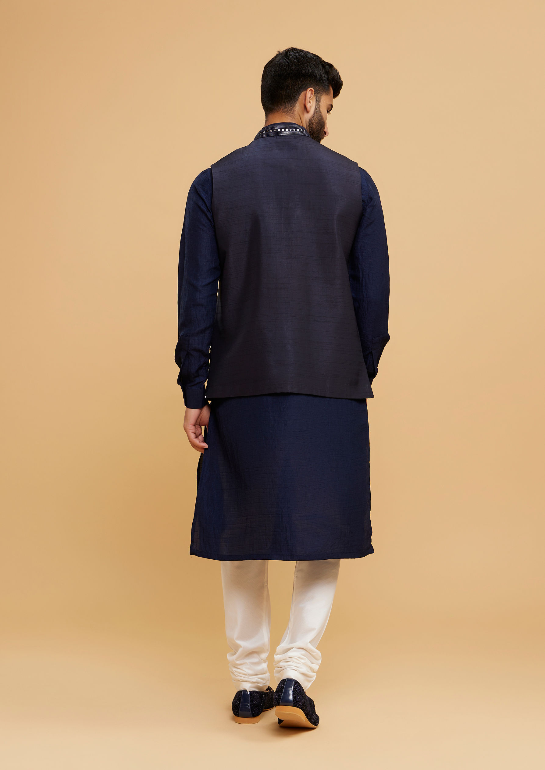 Twamev Men Elegant Dark Blue Kurta Jacket Set