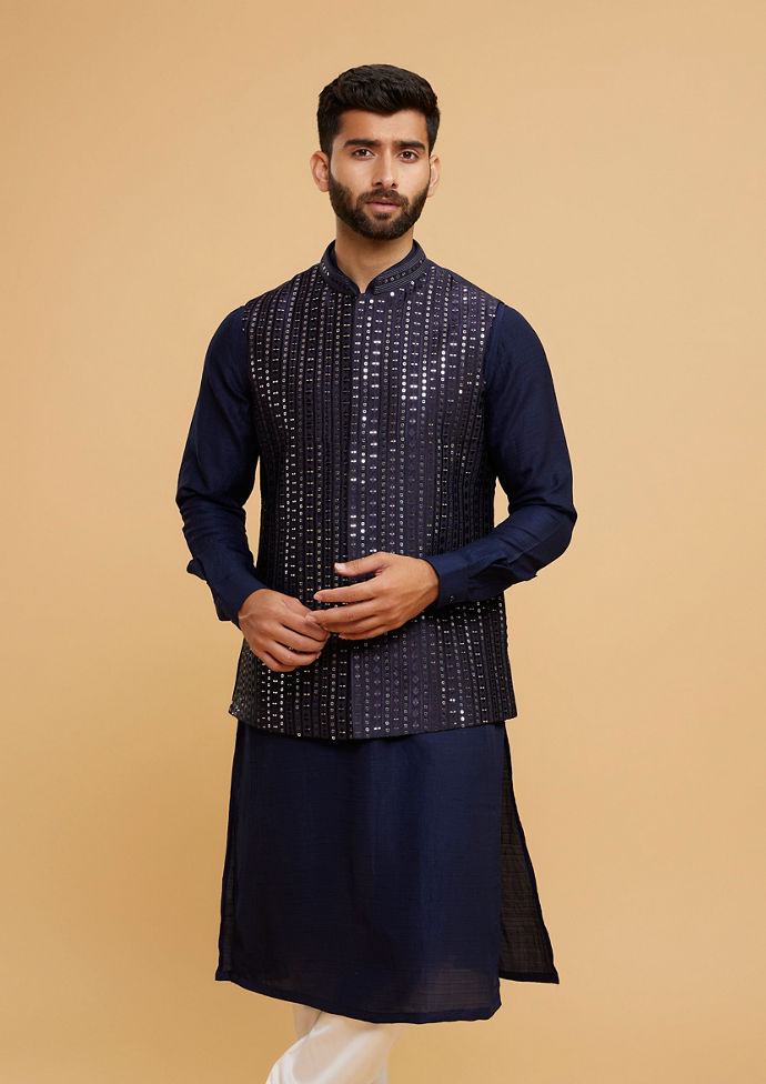 Twamev Men Elegant Dark Blue Kurta Jacket Set