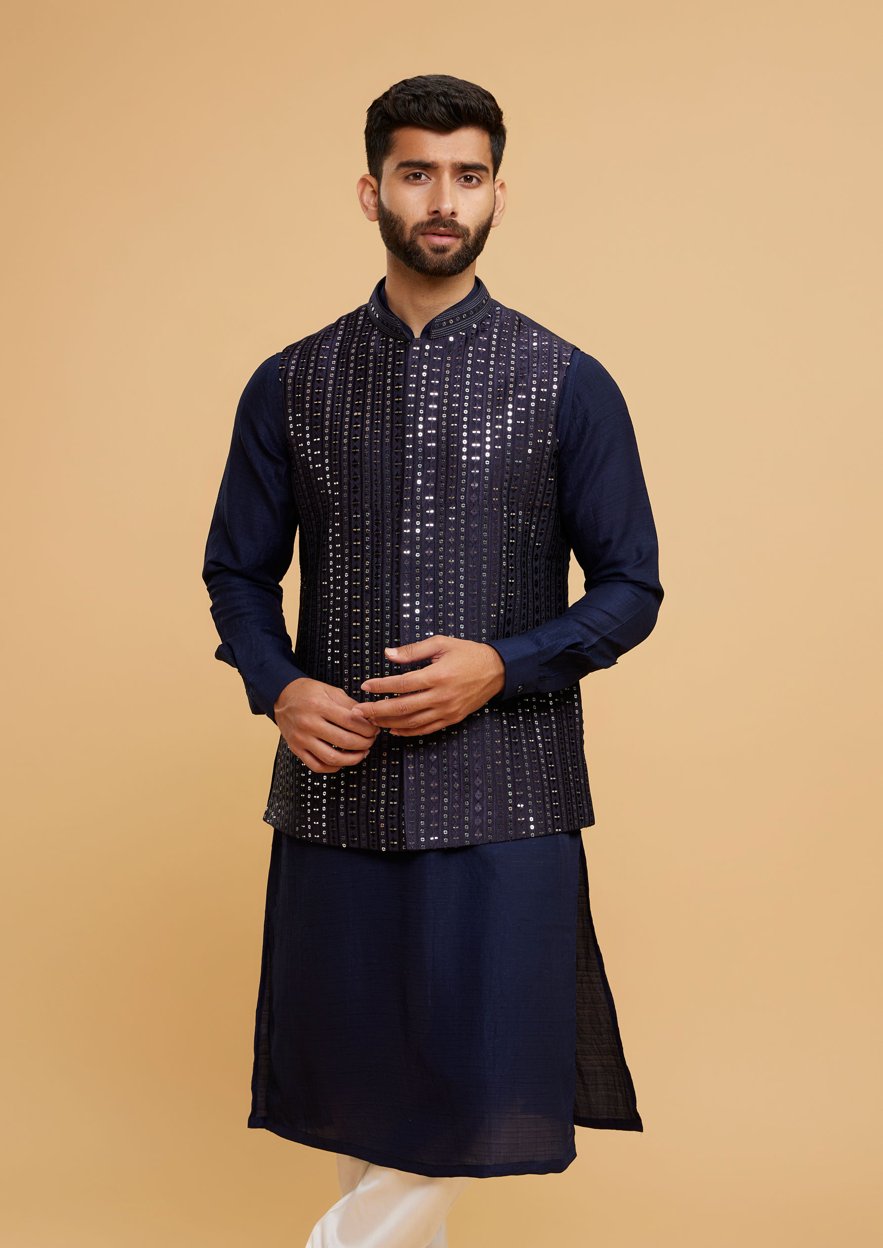 Twamev Men Elegant Dark Blue Kurta Jacket Set