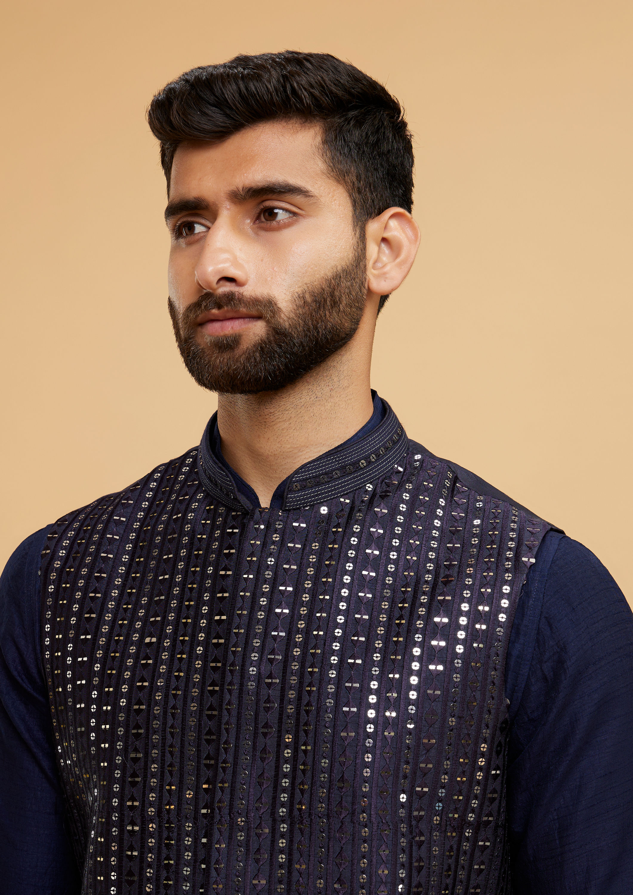 Twamev Men Elegant Dark Blue Kurta Jacket Set
