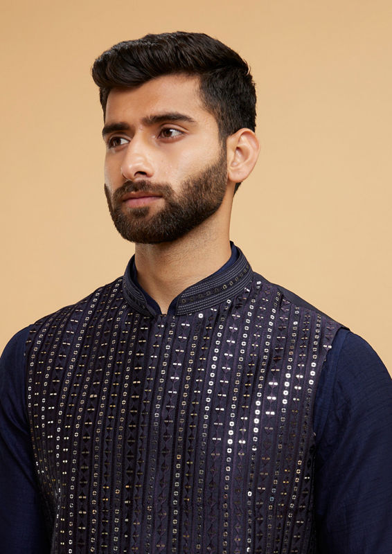 Twamev Men Elegant Dark Blue Kurta Jacket Set