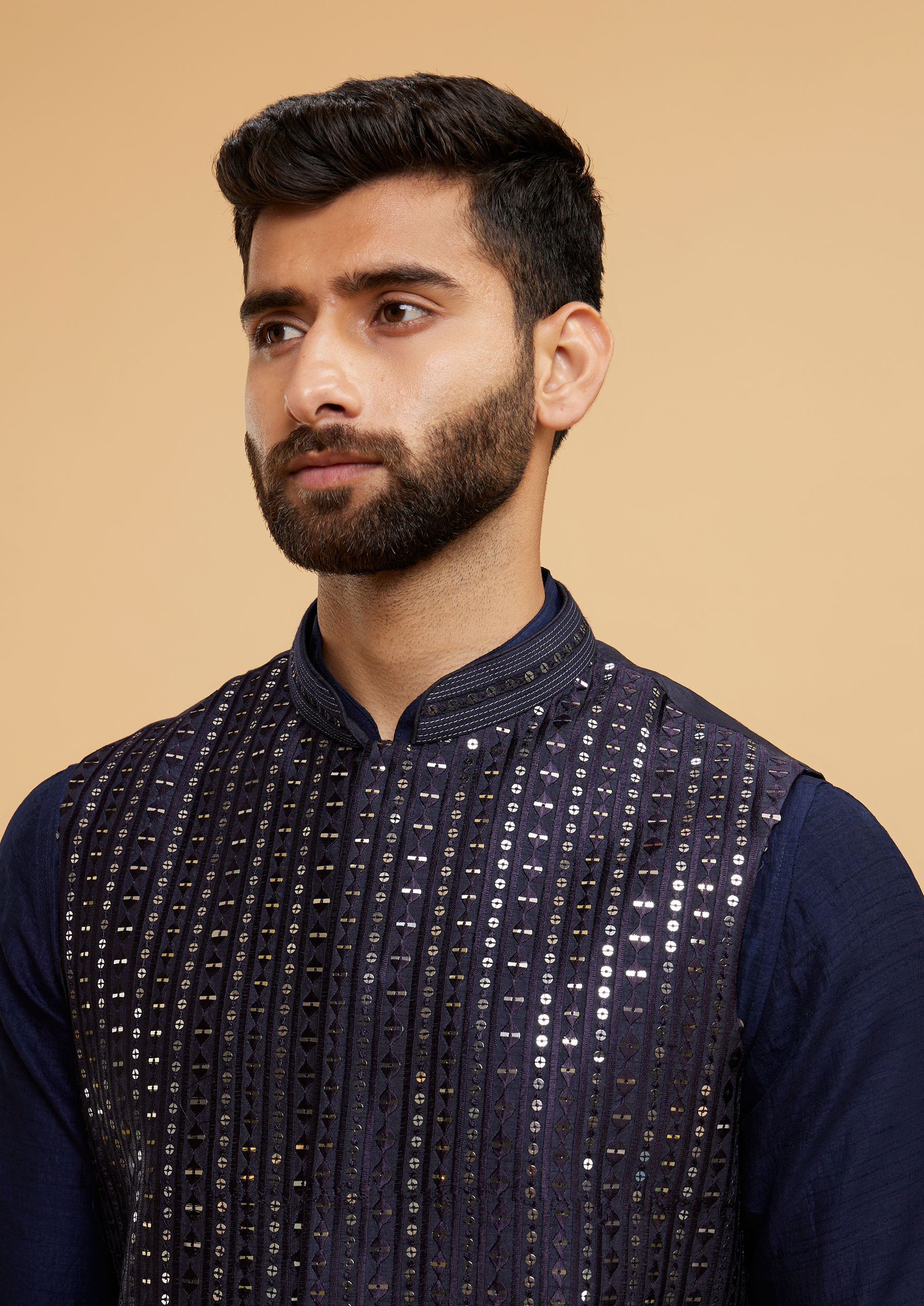 Twamev Men Elegant Dark Blue Kurta Jacket Set