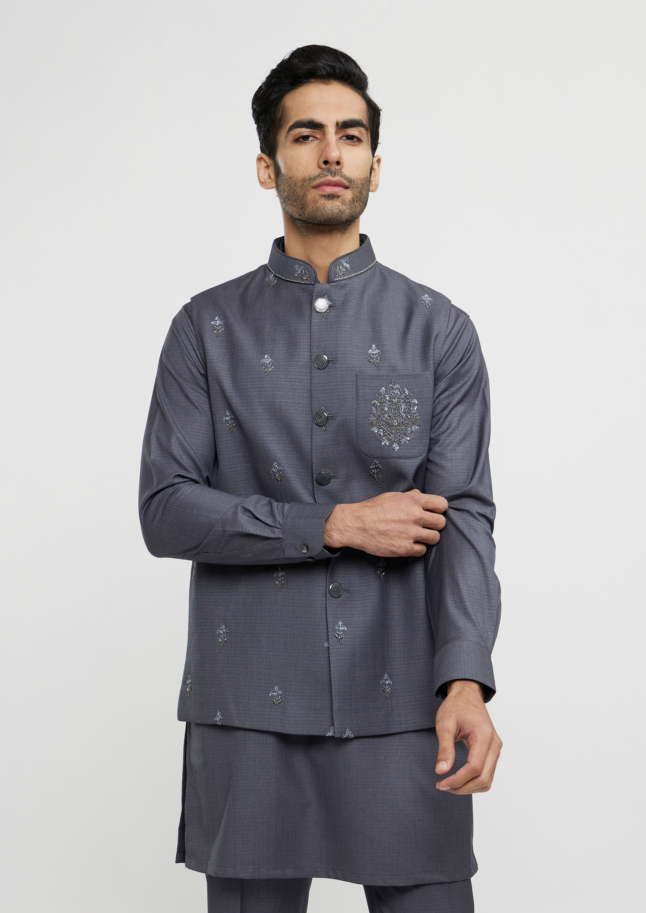 Twamev Men Davy Grey Buta Embroidered Jacket Set image number 0