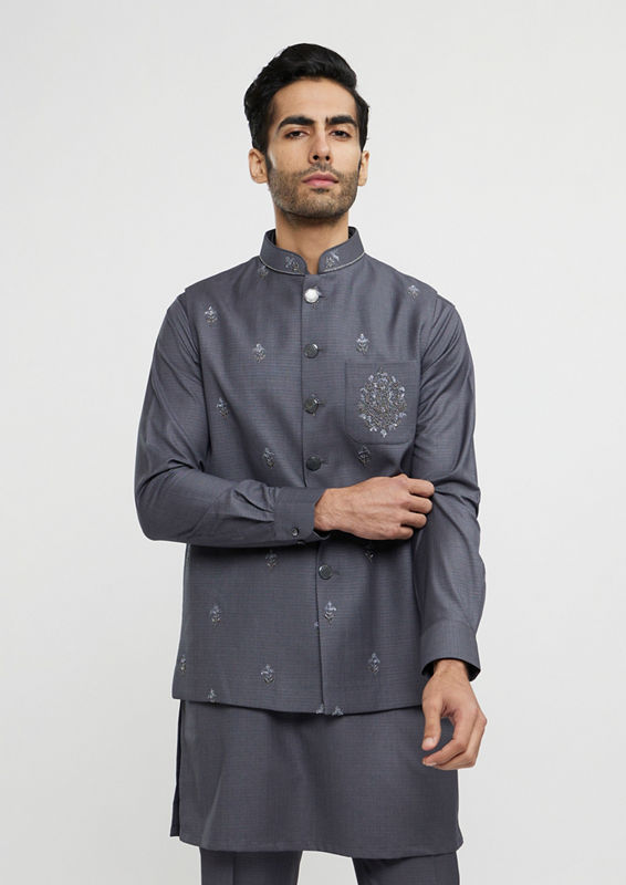 Twamev Men Davy Grey Buta Embroidered Jacket Set