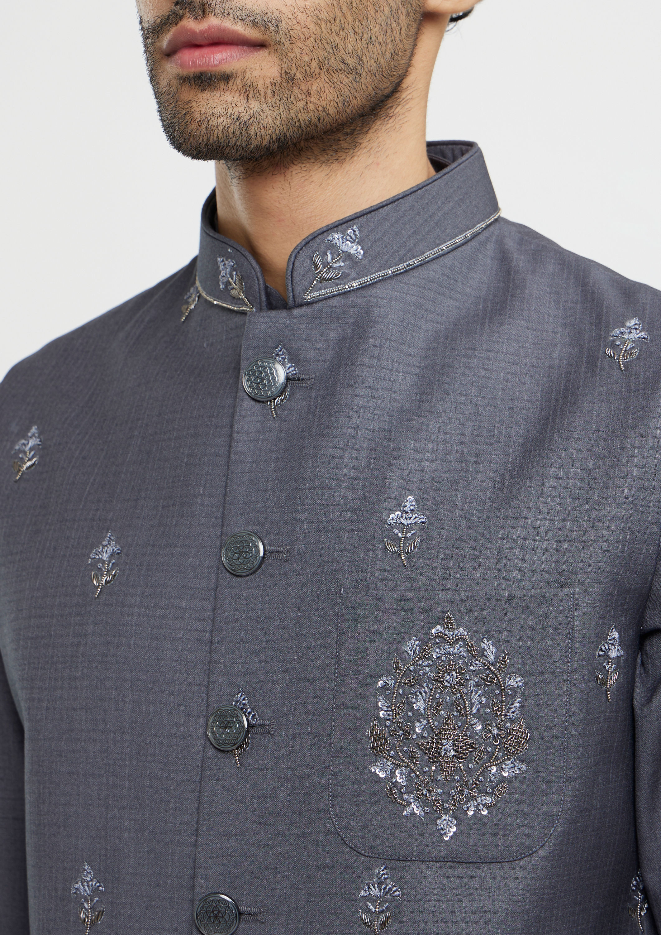 Twamev Men Davy Grey Buta Embroidered Jacket Set