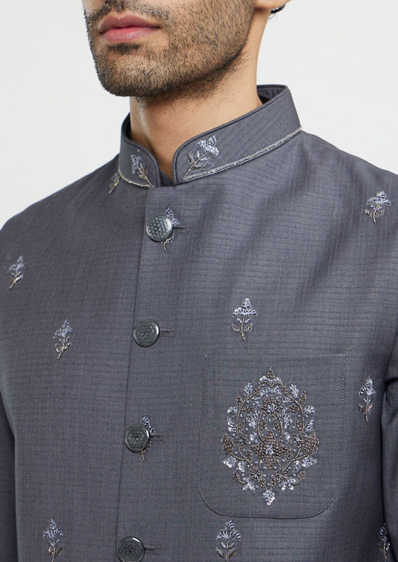 Twamev Men Davy Grey Buta Embroidered Jacket Set