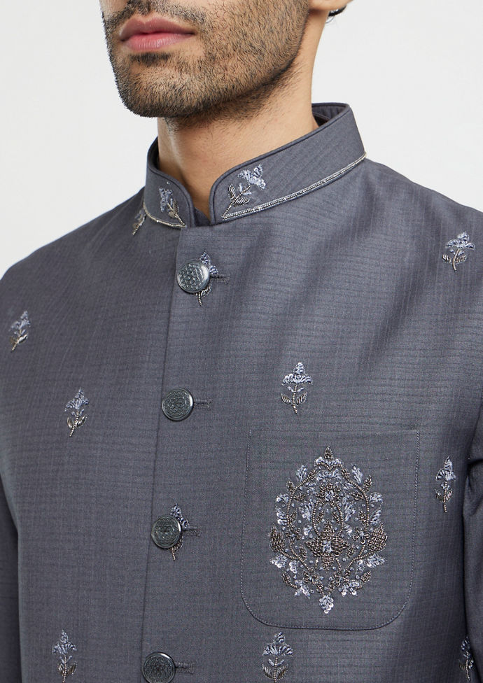 Twamev Men Davy Grey Buta Embroidered Jacket Set