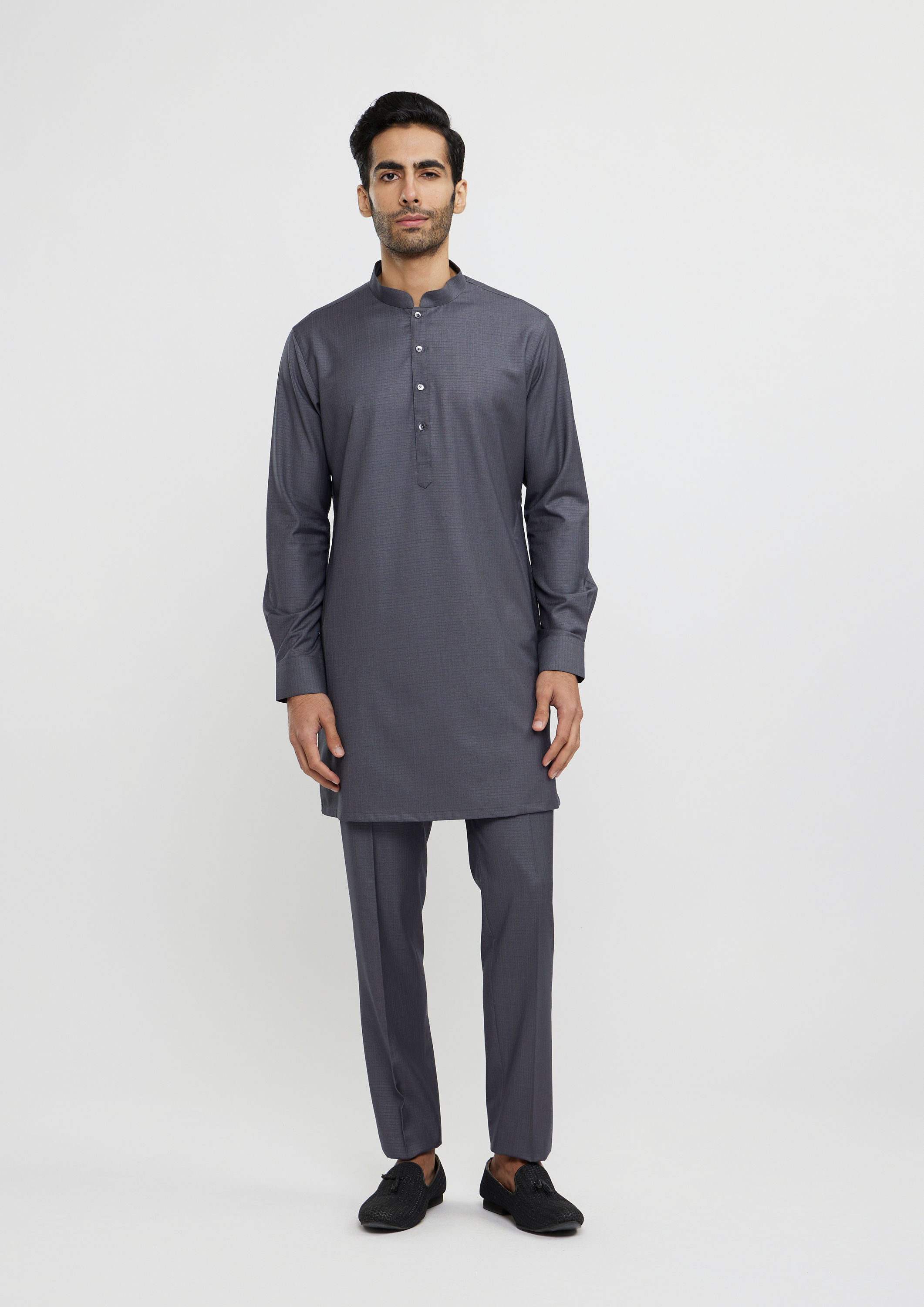 Twamev Men Davy Grey Buta Embroidered Jacket Set
