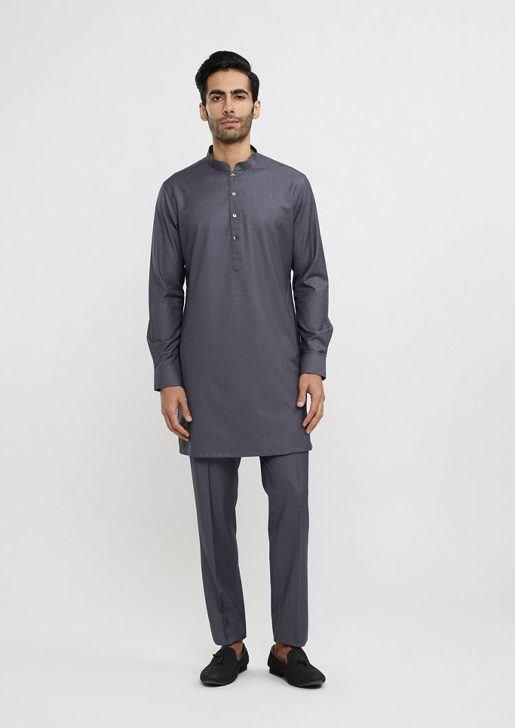 Twamev Men Davy Grey Buta Embroidered Jacket Set