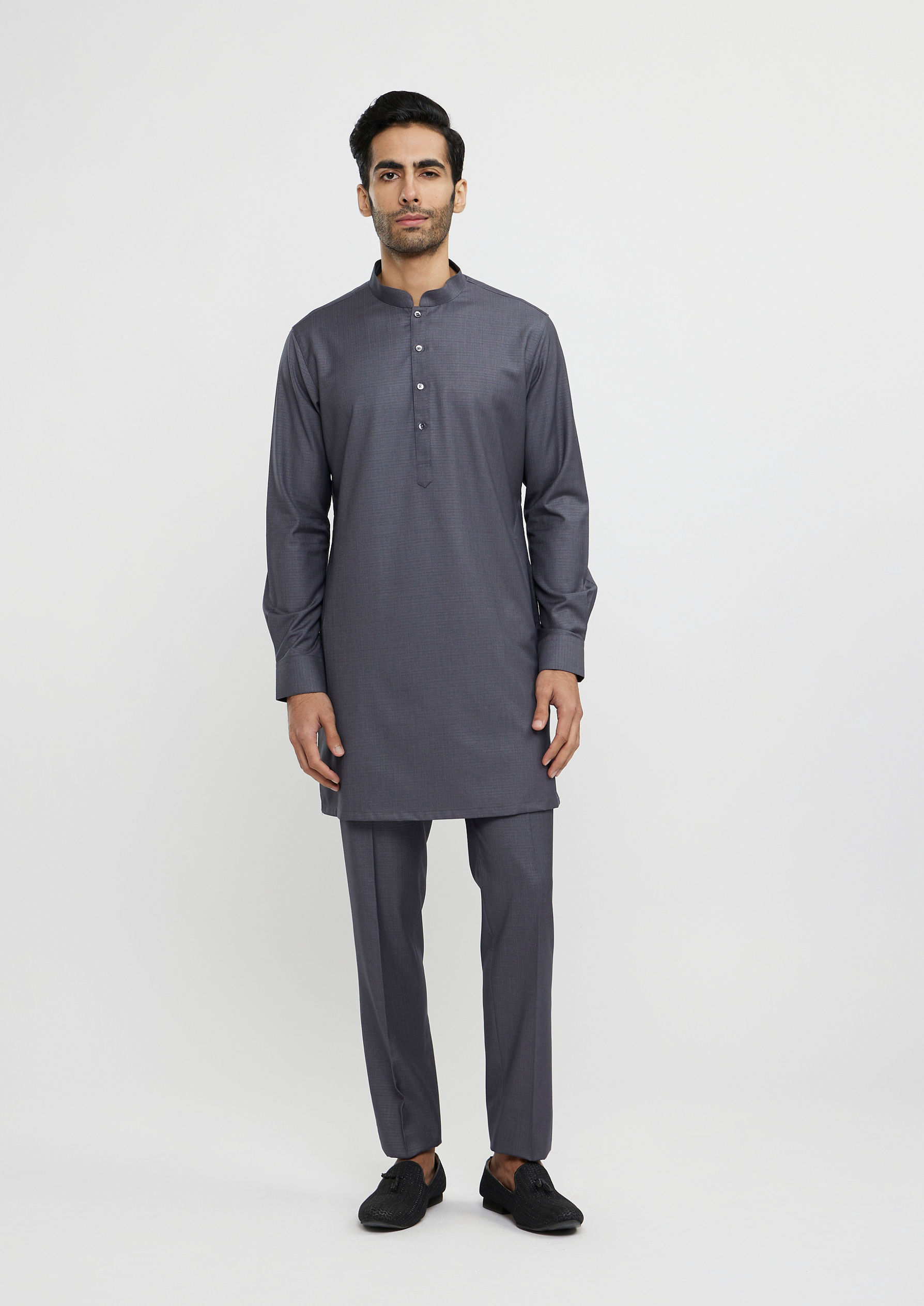 Twamev Men Davy Grey Buta Embroidered Jacket Set