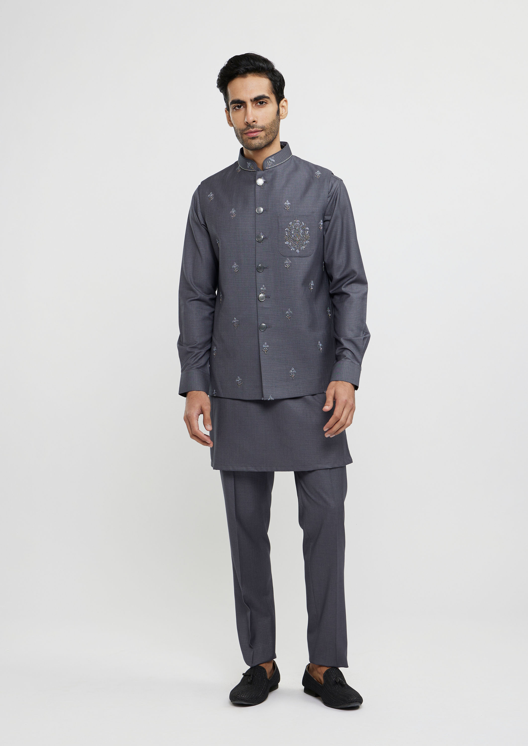 Twamev Men Davy Grey Buta Embroidered Jacket Set