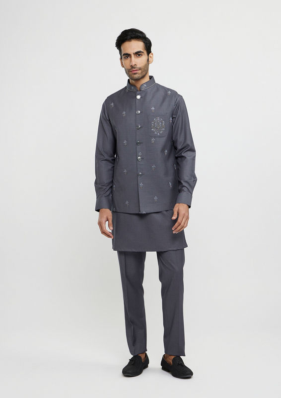 Twamev Men Davy Grey Buta Embroidered Jacket Set
