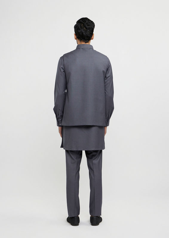 Twamev Men Davy Grey Buta Embroidered Jacket Set