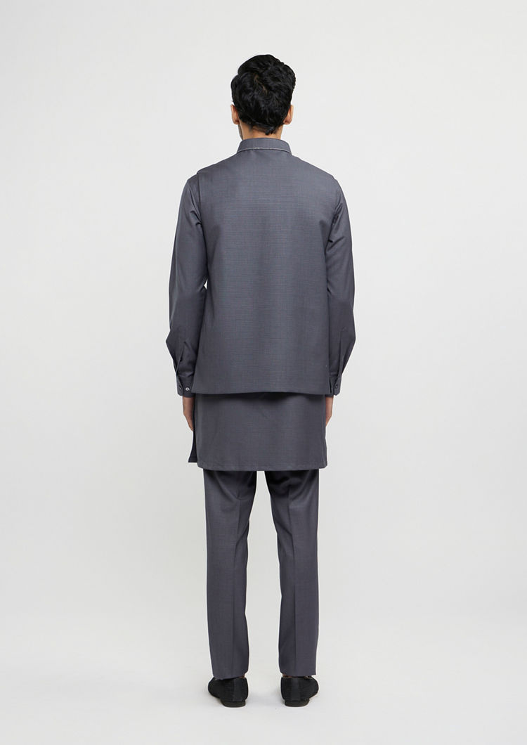 Twamev Men Davy Grey Buta Embroidered Jacket Set