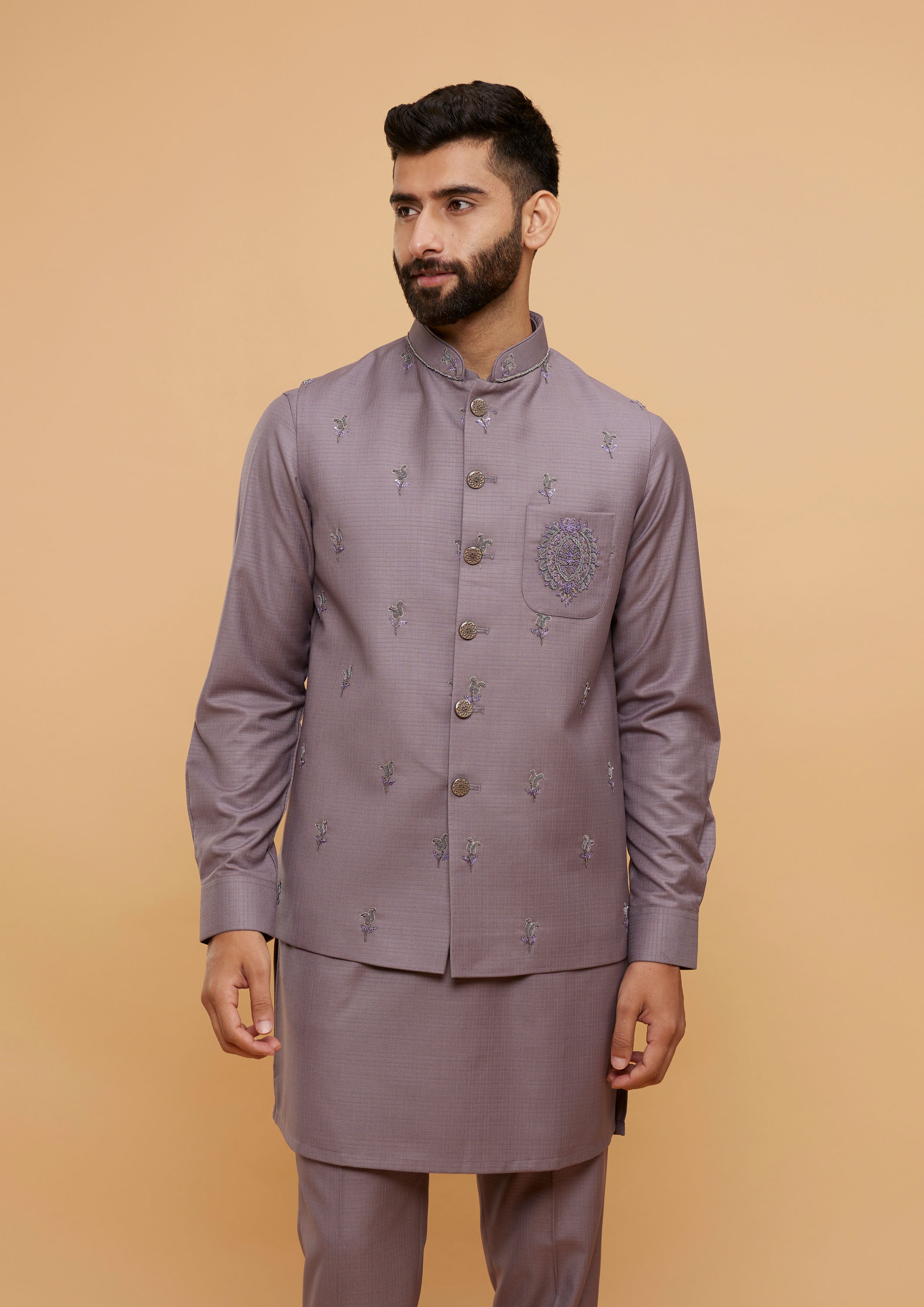 Twamev Men Light Purple Buta Embroidered Jacket Set