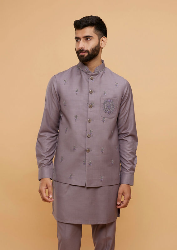 Twamev Men Light Purple Buta Embroidered Jacket Set