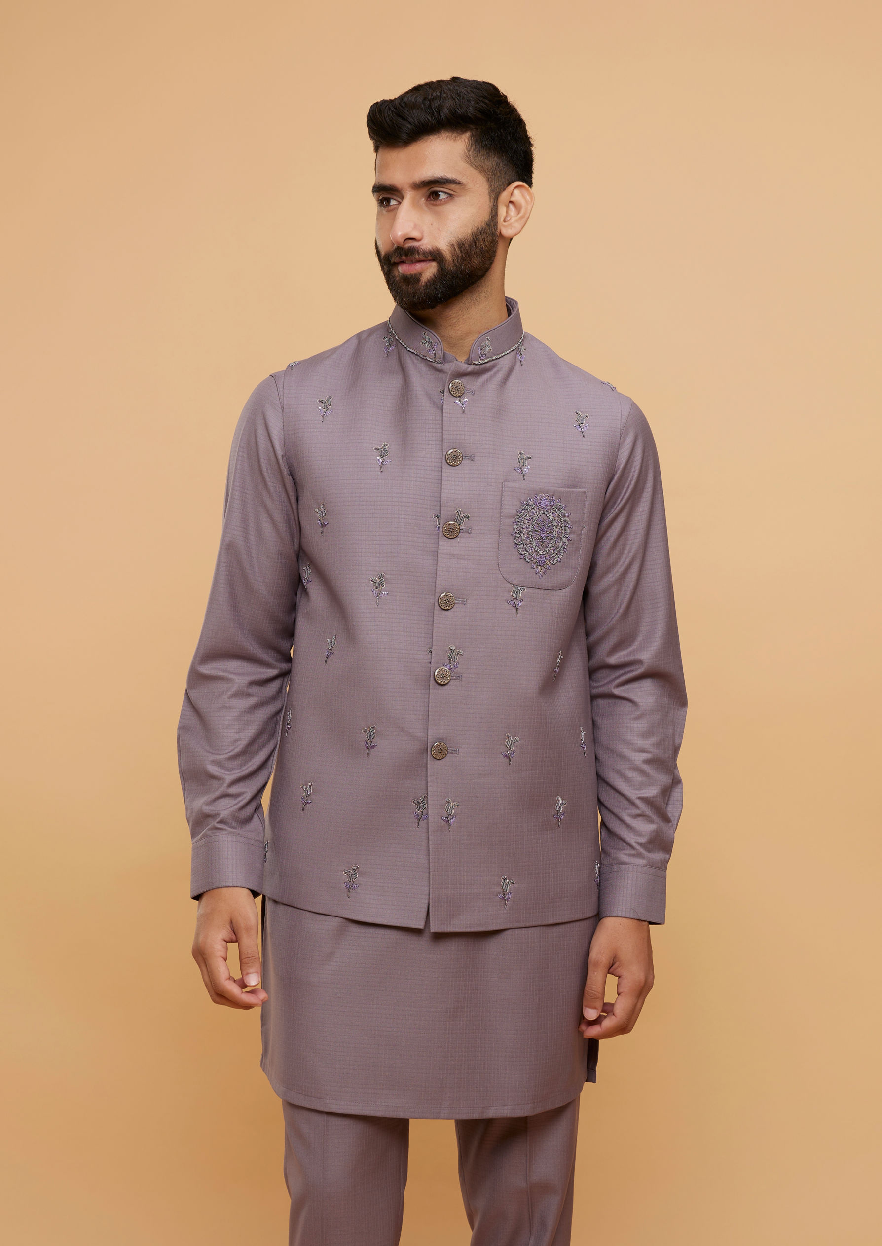 Twamev Men Light Purple Buta Embroidered Jacket Set