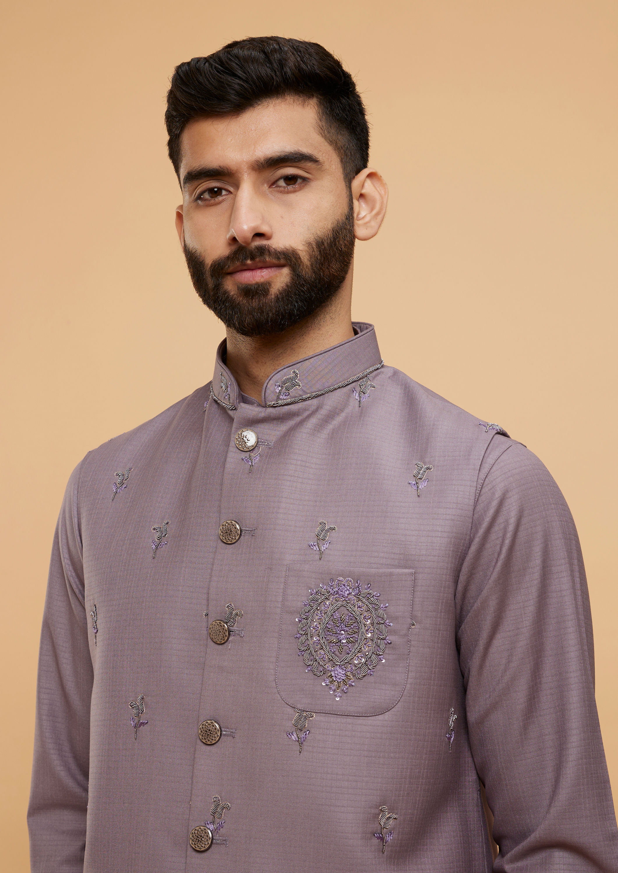 Twamev Men Light Purple Buta Embroidered Jacket Set