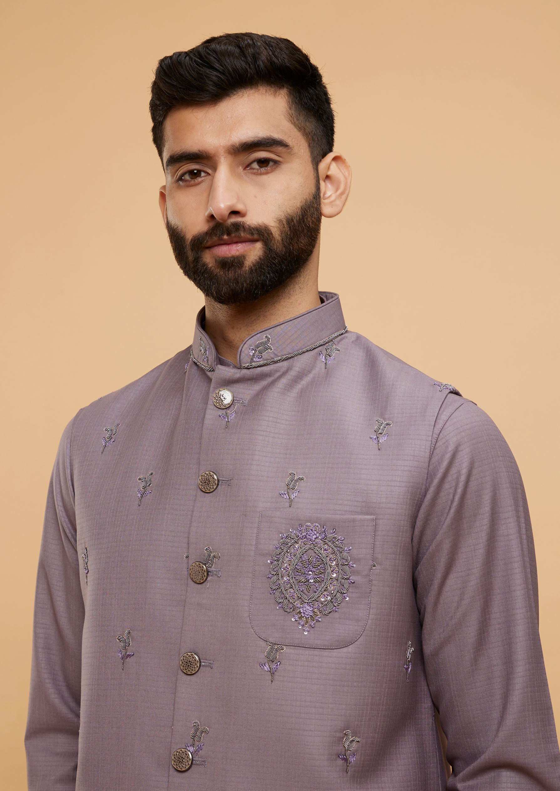 Twamev Men Light Purple Buta Embroidered Jacket Set