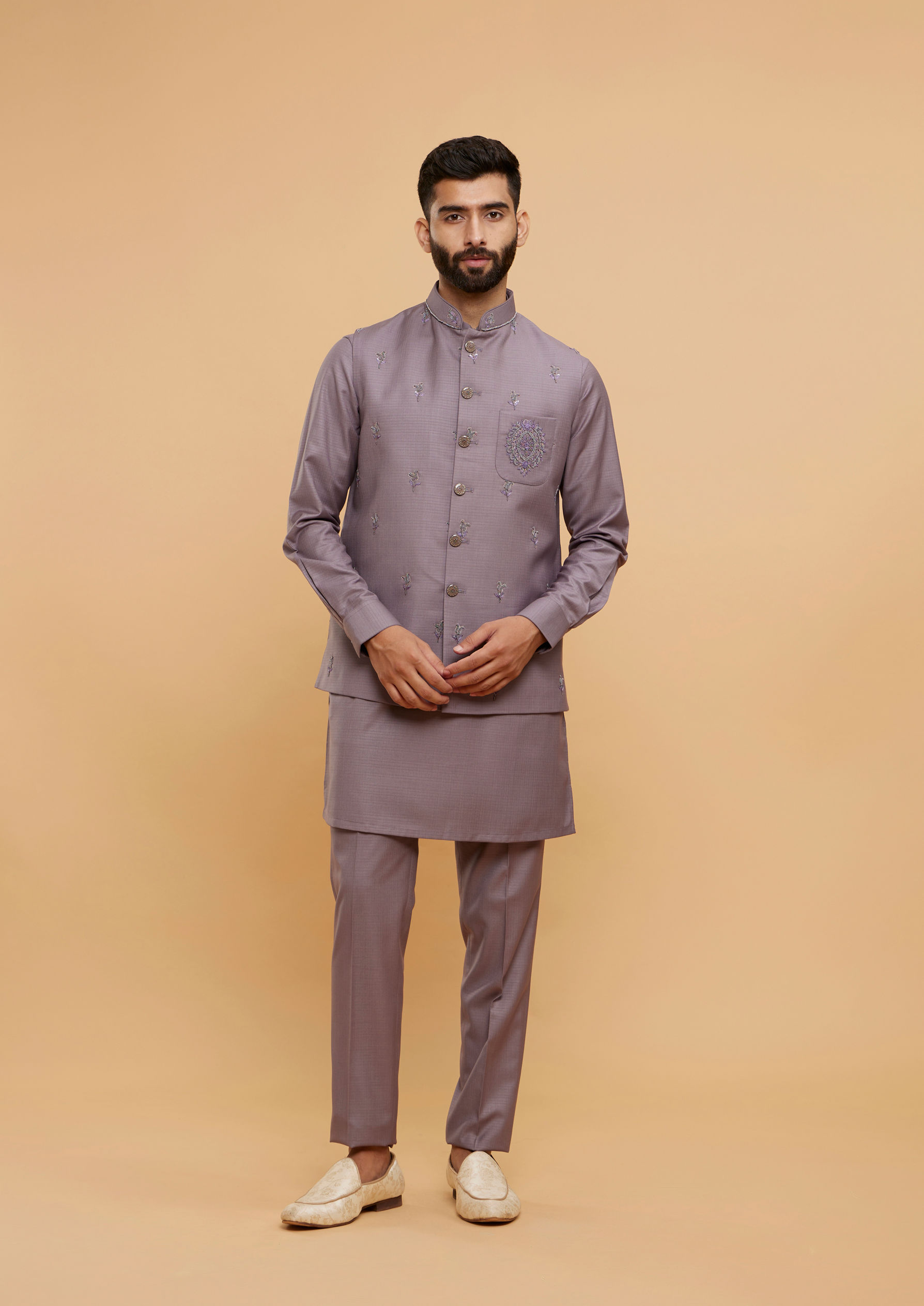 Twamev Men Light Purple Buta Embroidered Jacket Set