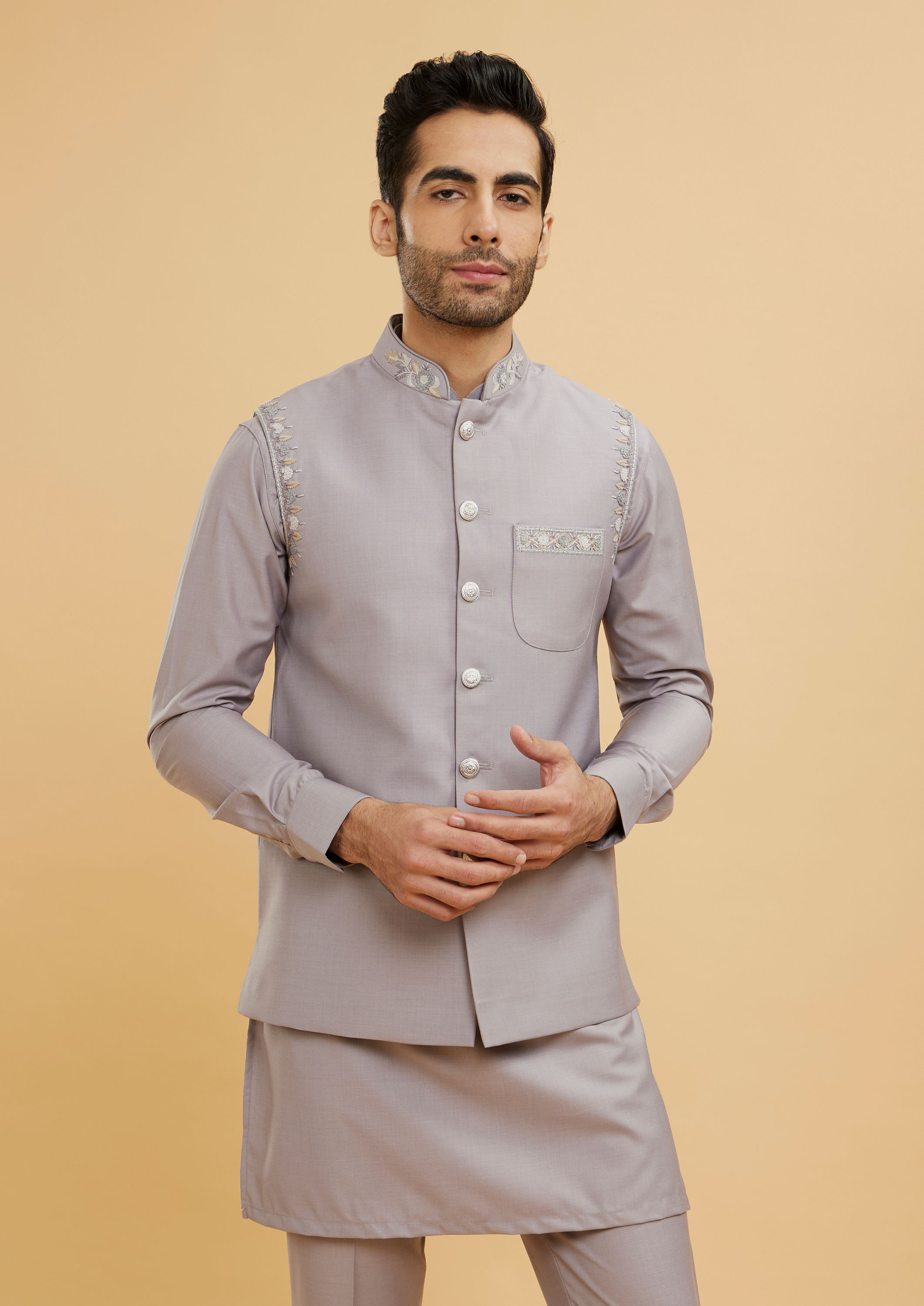 Twamev Men Concrete Grey Embroidered Jacket Set