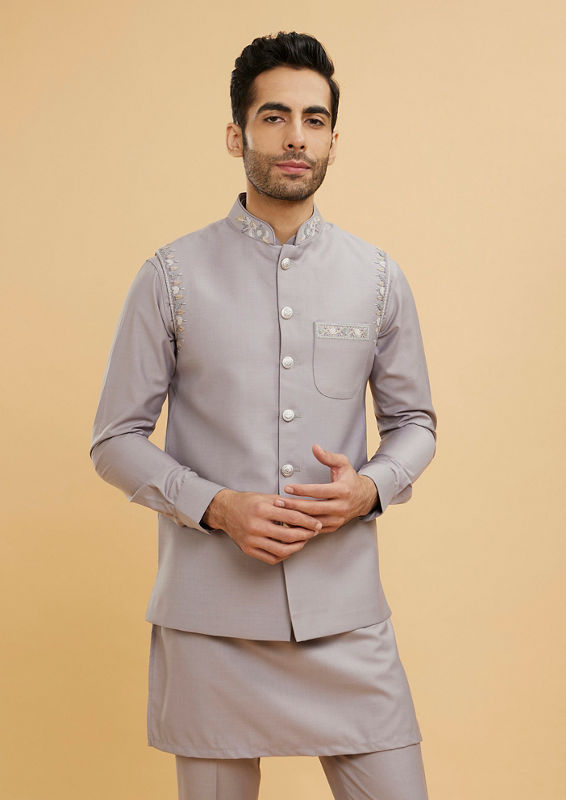 Twamev Men Concrete Grey Embroidered Jacket Set
