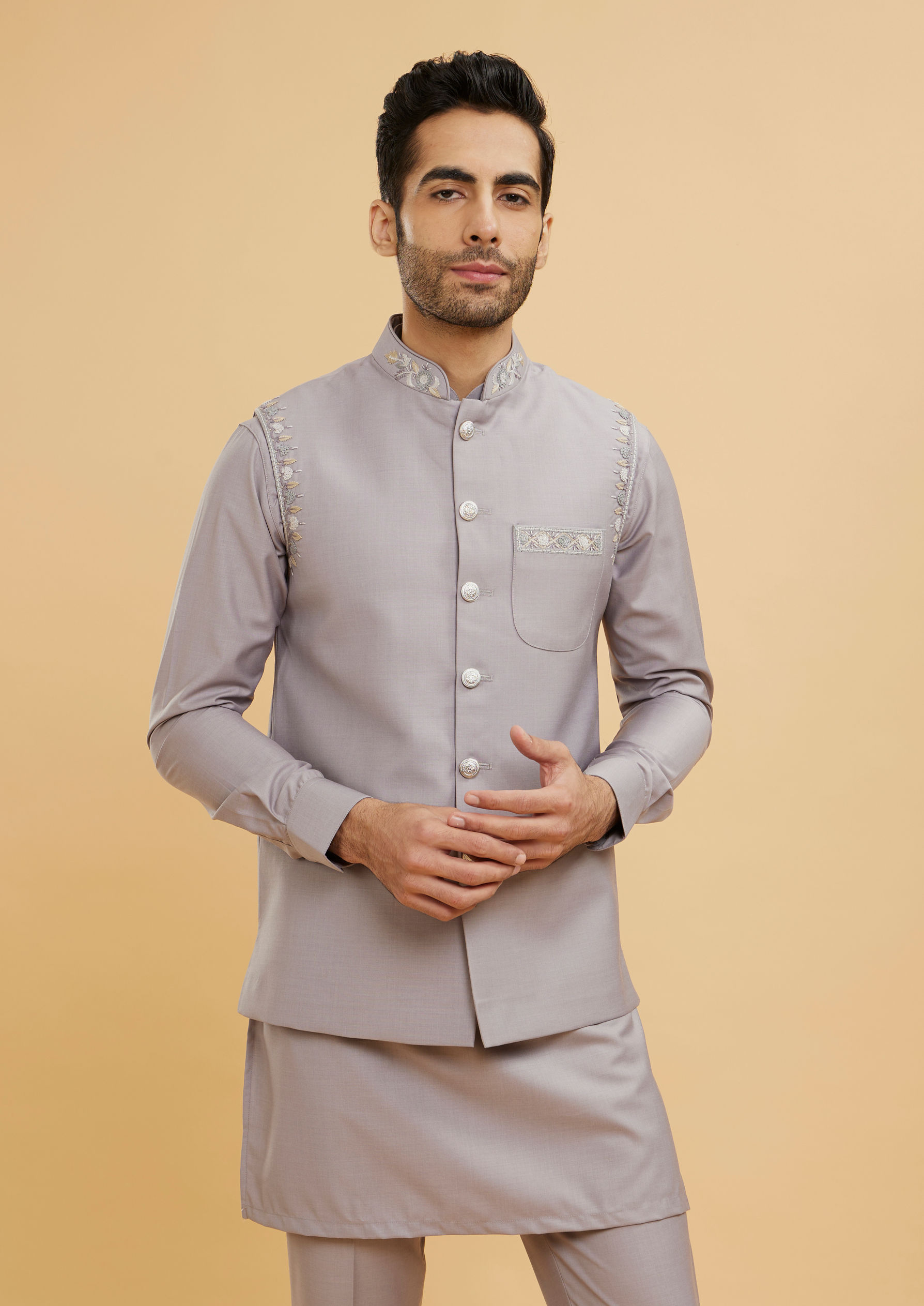 Twamev Men Concrete Grey Embroidered Jacket Set