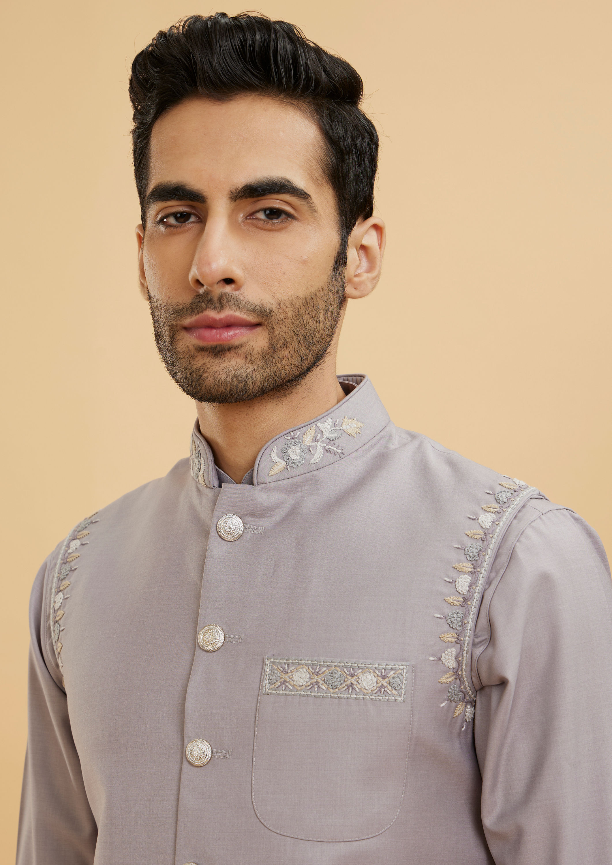 Twamev Men Concrete Grey Embroidered Jacket Set