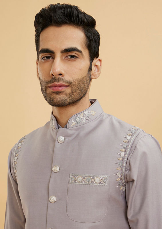Twamev Men Concrete Grey Embroidered Jacket Set