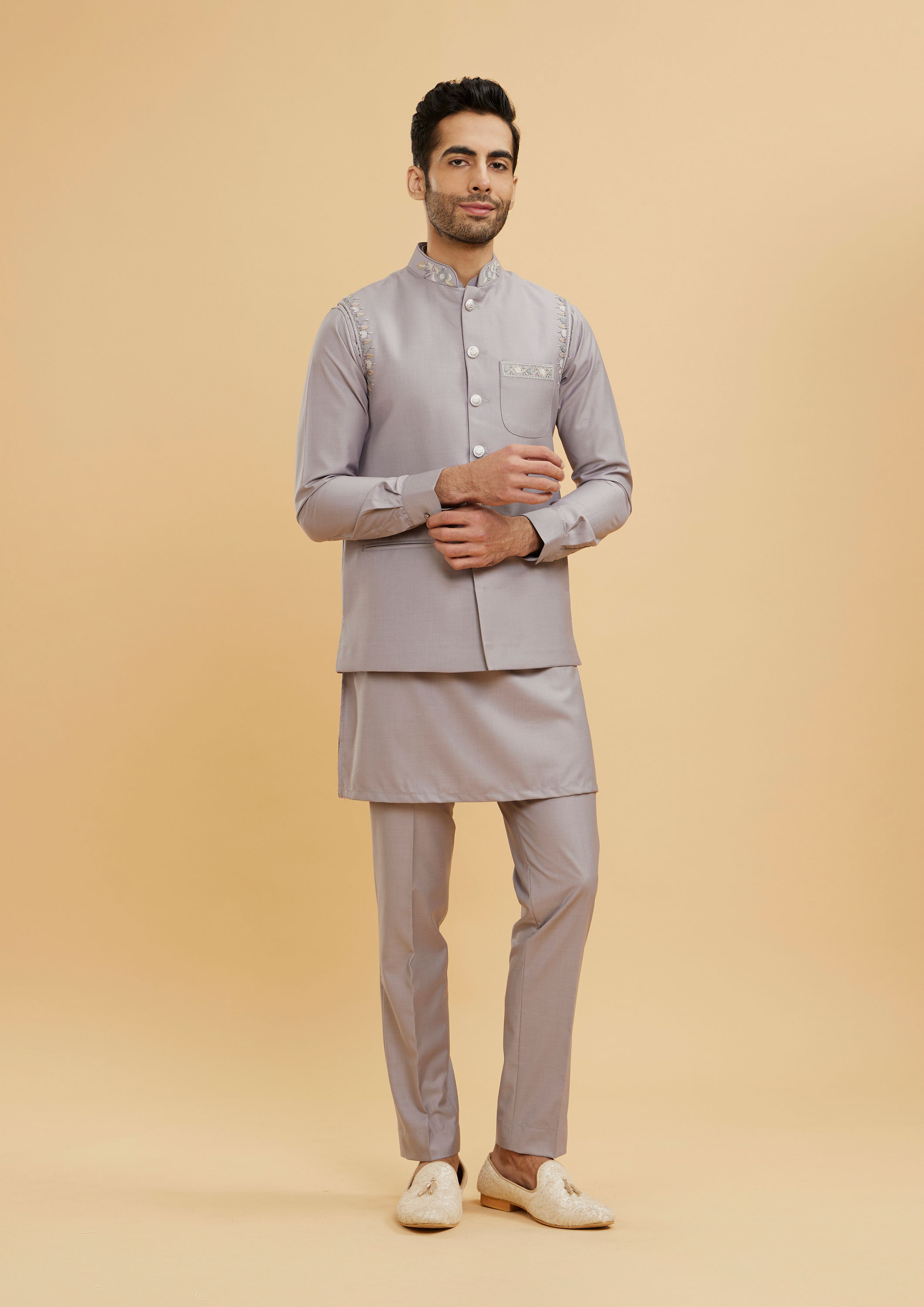 Twamev Men Concrete Grey Embroidered Jacket Set