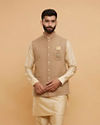 Sand Beige Self Striped Jacket Set with Medallion Motif