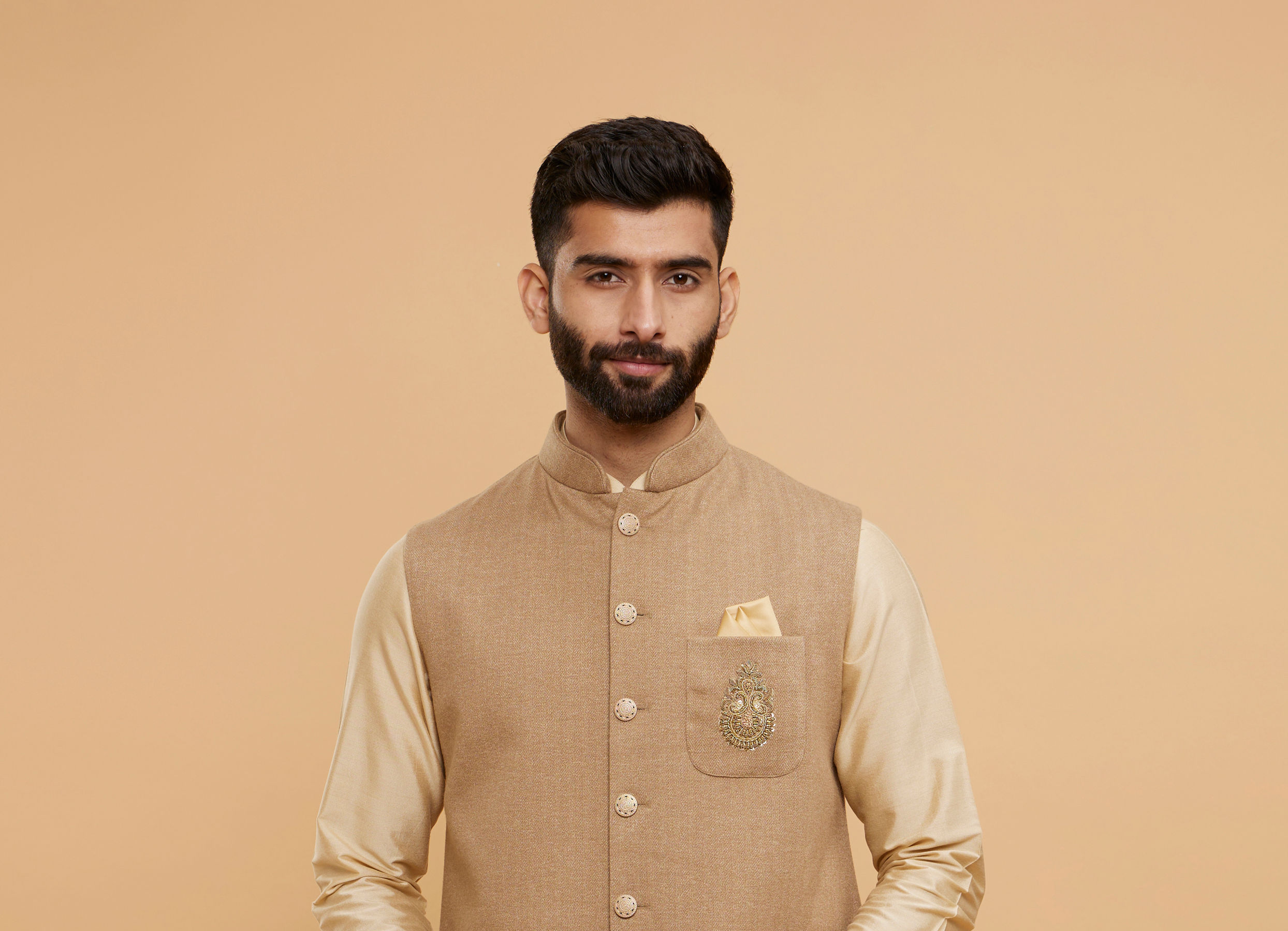 Twamev Men Sand Beige Self Striped Jacket Set with Medallion Motif